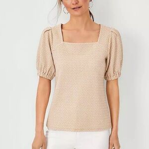 Ann Taylor Petite Geo Puff Sleeve Square Neck Top Smocked Blouse
